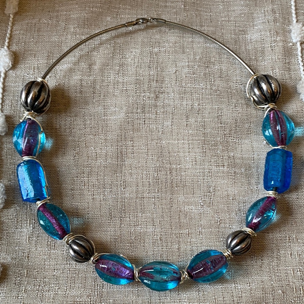 Artisan Crafted Art Glass Beads with Silver Wire interwoven choker